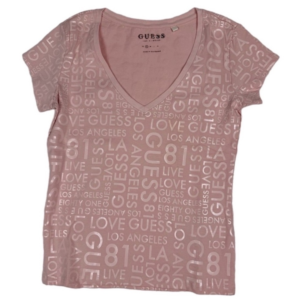 GUESS Y2K Pink Logo Tee Small V-Neck Metallic Graphic Baby Tee 2000s Streetwear